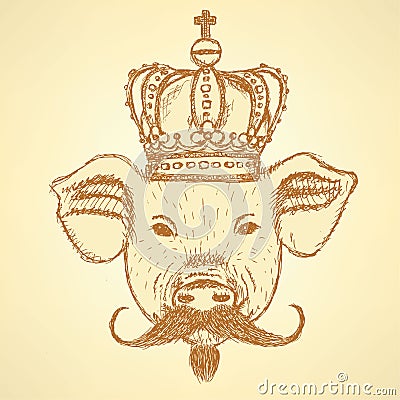 Sketch pig in crown with mustache, vector background Vector Illustration