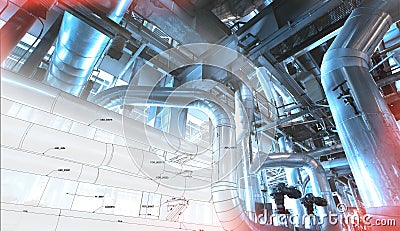 Sketch of piping design with industrial equipment photos Stock Photo