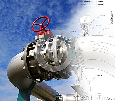 Sketch of piping design mixed with industrial equipment photos Stock Photo