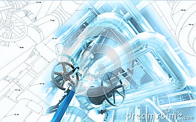 Sketch of piping design mixed to industrial equipment photo Stock Photo