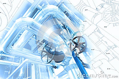 Sketch of piping design mixed to industrial equipment photo Stock Photo