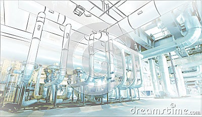 Sketch of piping design mixed to power plant photo Stock Photo