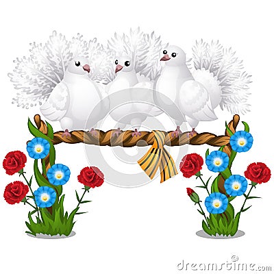 Sketch of a poster with several beautiful white doves sitting on a wicker perch and flowers isolated on white background Vector Illustration