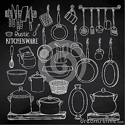 Sketch of pots, pans on blackboard in country style Vector Illustration