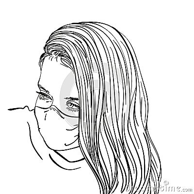 Sketch of preteen girl portrait in medical face mask Vector Illustration