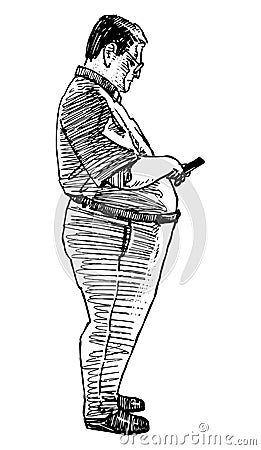 Sketch of profile elderly obese man in eyeglasses standing alone and looking at smartphone, vector hand drawing isolated on white Vector Illustration