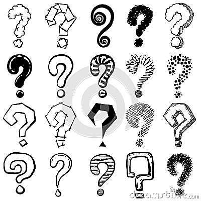 Sketch question mark. Hand drawn black interrogation marks, ask exam and faq symbols. Interrogative signs, doodle questions vector Vector Illustration