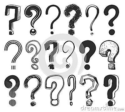 Sketch question marks. Hand drawn color interrogation signs, scribble ask question symbols. Doodle isolated vector set Vector Illustration