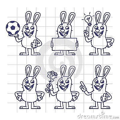 Sketch Rabbit Holds Soccer Ball Empty Nameplate Flower Set Vector Illustration