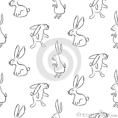 Sketch rabbit seamless pattern vector background. Monochrome bunnies for textile print. Vector Illustration