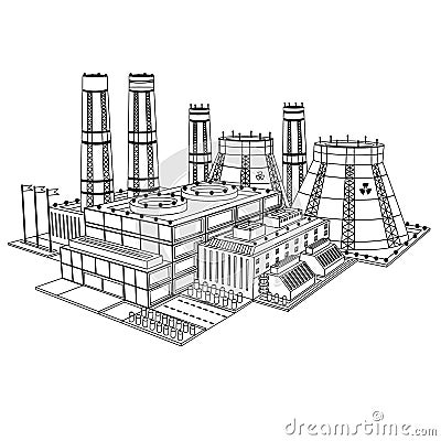 Sketch realistic nuclear power plant isolated Vector Illustration