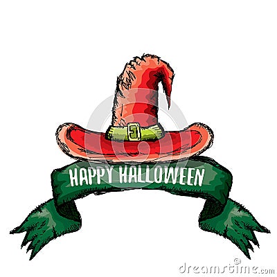 Vector sketch red halloween witch hat isolated on white Vector Illustration