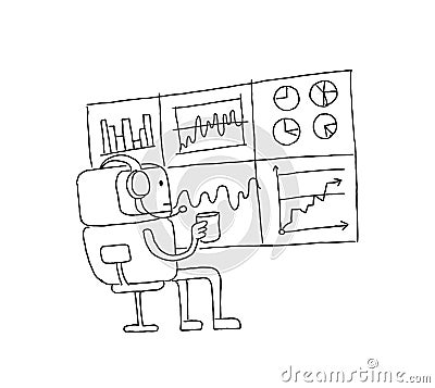 Sketch robot alien character keeps track of the diagrams. Stock exchange. Bot broker looks at the monitor statistics Vector Illustration