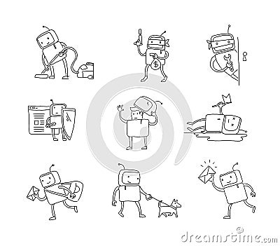 Sketch robot set character with business. House cleaning. Dog walking. Different situations. Hacking a computer. Hand Vector Illustration