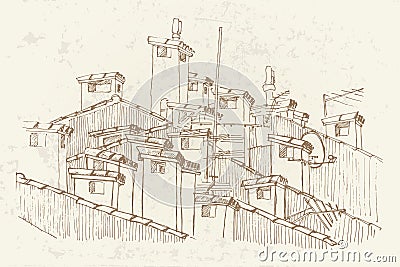 Sketch of roofs and chimneys Vector Illustration