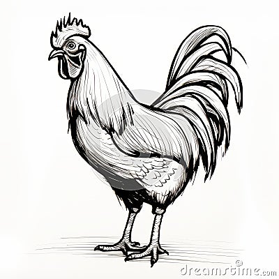 Black And White Rooster Sketch: Detailed Character Illustration In Flat Shading Style Cartoon Illustration