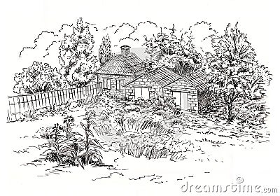 Sketch of rural landscape with old cottage, barn, garage and garden. Ink sketch Cartoon Illustration