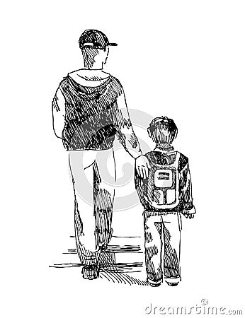 Sketch of school boy and his father going to school. Vector Illustration