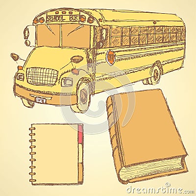 Sketch school bus, book and notebook Vector Illustration