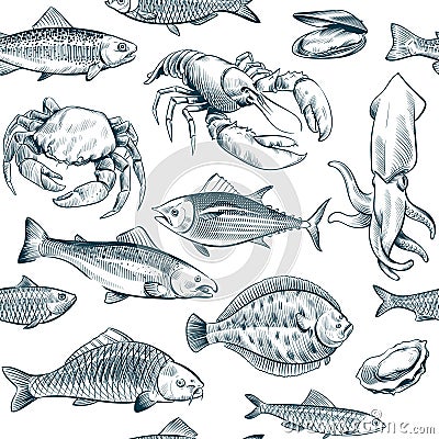 Sketch seafood seamless pattern. Oyster salmon lobster shellfish. Hand drawn seafoods vintage vector background Vector Illustration