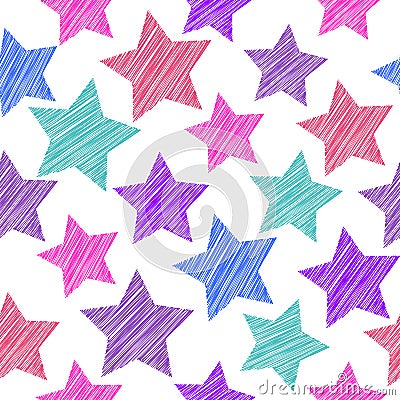 Sketch seamless pattern with stars. Red pink lilac blue stars on Vector Illustration