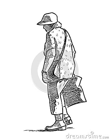 Sketch of a senior woman going on a stroll Vector Illustration