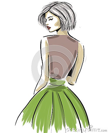 Sketch of sensual woman looking from back Cartoon Illustration