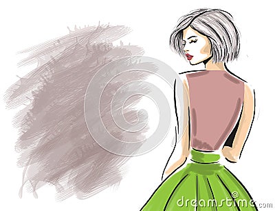 Sketch of sensual woman looking from back template Cartoon Illustration