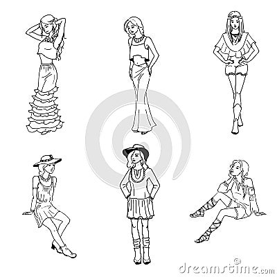 Sketch set beautiful girl in fashionable clothes Vector Illustration