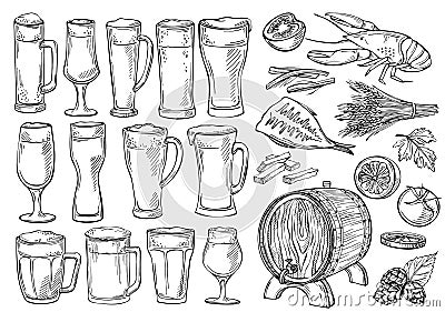 Sketch set of beer glasses and mugs in ink hand drawn style. Vector Illustration