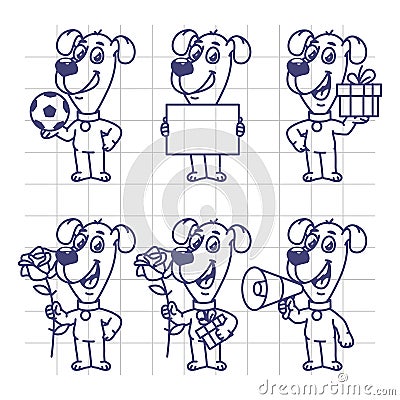 Sketch Set Character Dog Holding Ball Paper Flower Gift Megaphone Vector Illustration