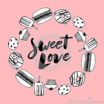 Sketch set of dessert. Pastry sweets collection isolated on white background. Hand drawn vector illustration. Retro style Cartoon Illustration