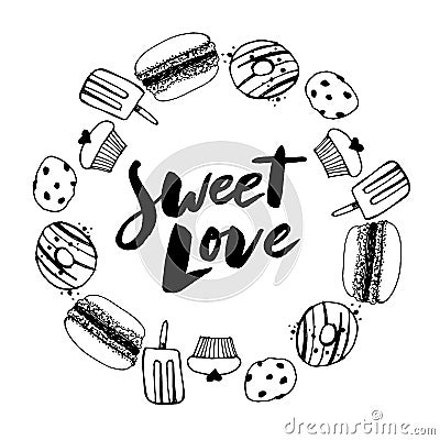 Sketch set of dessert. Pastry sweets collection isolated on white background. Hand drawn vector illustration. Retro style Cartoon Illustration