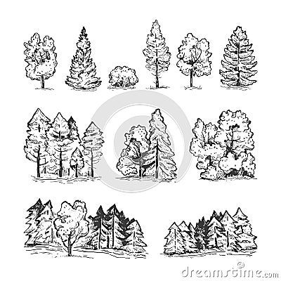 Sketch vector set of hand drawn tree and landscapes. Black line isolated on white Vector Illustration