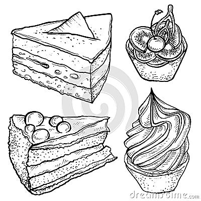 Sketch set of tart, slice of cake. Vector Illustration