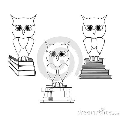 Sketch set of wise owls on a stack of books. Vector outline owl character in black line flat style Vector Illustration