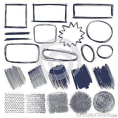 Sketch shapes. Hand drawn monochrome geometric elements frames, strokes and shade, hatched round and square shapes Vector Illustration