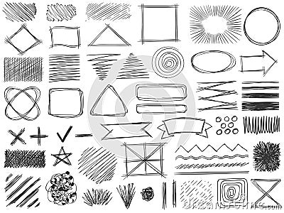 Sketch shapes. Monochrome scribble symbols, drawing pencil frame, stroke and shade, hatched shaded badge round and Vector Illustration