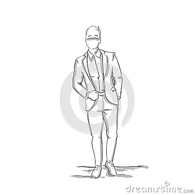 Sketch Silhouette Of Confedent Business Man In Suit, Businessman Full Length On White Background Vector Illustration