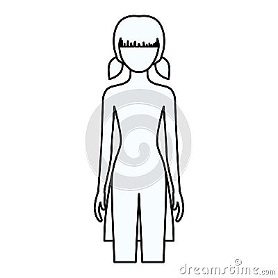 Sketch silhouette of faceless front view girl naked body with pigtails hairstyle Vector Illustration