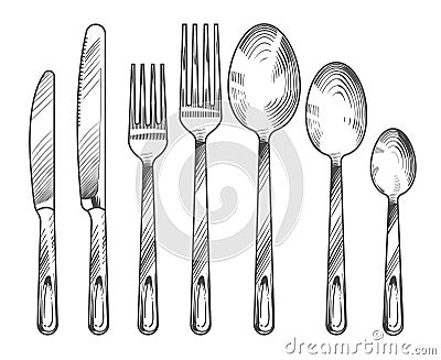 Sketch silver knife, fork and spoon. Hand drawn cutlery vector set Vector Illustration