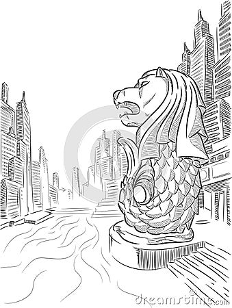 Sketch of Singapore Tourism Landmark - Merlion Vector Illustration