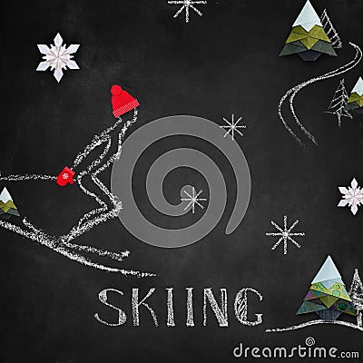 Sketch of skier and origami on black board Stock Photo