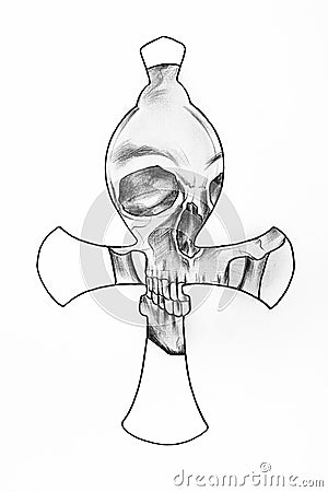 Sketch of a skull in a cross on a white background. Stock Photo