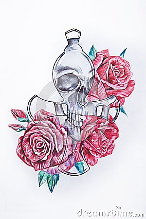 Sketch of a skull in roses on a white background. Stock Photo