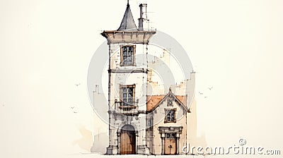 Rustic Renaissance-inspired Gothic Architecture Sketch With Playful Watercolors Cartoon Illustration