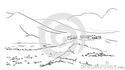 Sketch of small village with lake in mountains, Hand drawn Vector Illustration