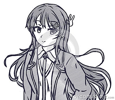 Sketch Smile Anime Girl With Uniform Outfit With Long Hair Stock Photo