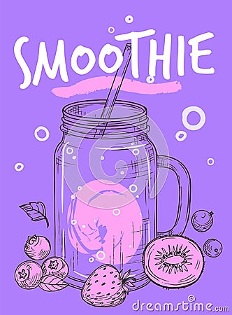 Sketch smoothie flyer. Fresh juice bar banner, vegan vitamin and healthy drinks from fruits and berries in jar, detox Vector Illustration