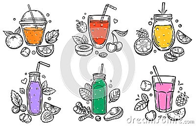 Sketch smoothie. Healthy superfood, glass of fruit and berries smoothies and slised natural fruits hand drawn vector Vector Illustration